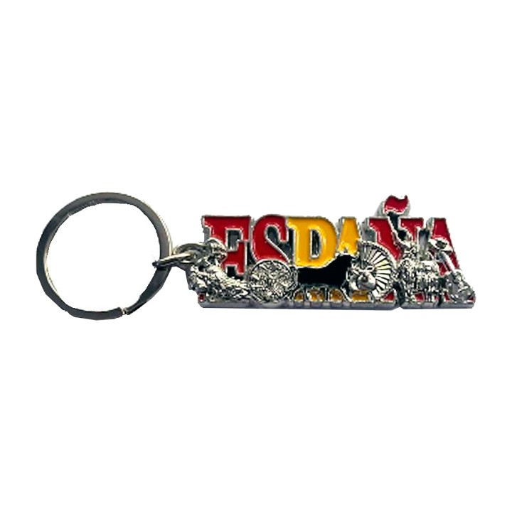 Metal keyring, España design with flag, bull and flamenco motifs in relief