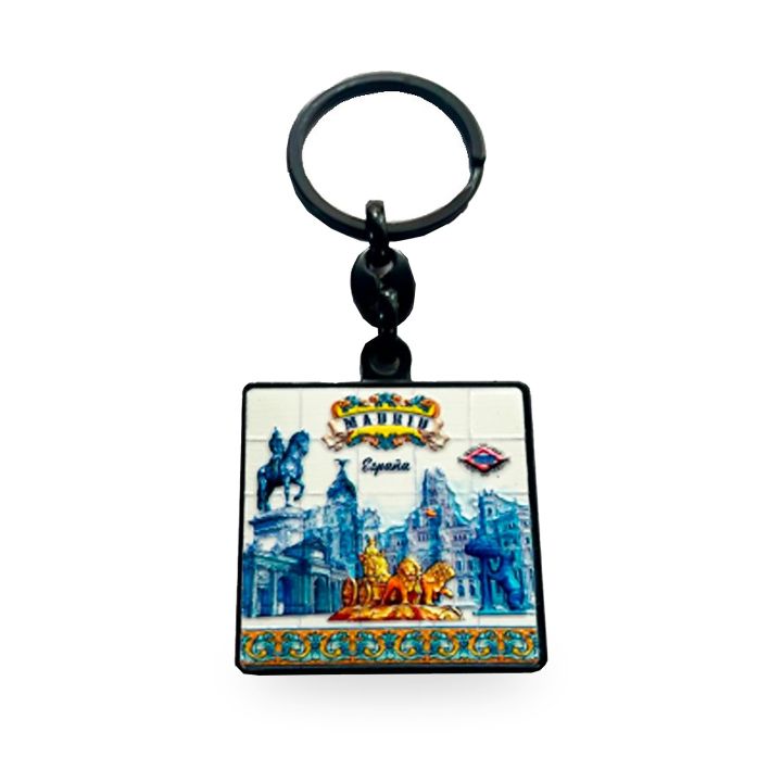 Porte-clés modèle carré façon azulejo, monuments de Madrid et Cibeles