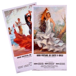 Vintage Spanish flamenco festival poster with dancing bailaora and Manila shawl