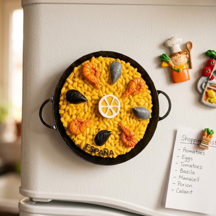 Spanish seafood paella fridge magnet souvenir with recipe