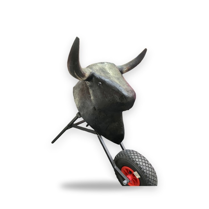 Bullfighting training cart with a bull's head and wheel