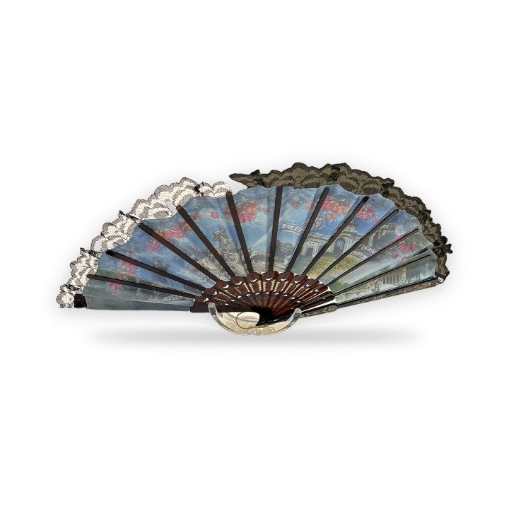 Lace-trimmed fabric fan with blue Madrid scenes and brown ribs