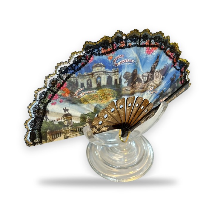 Lace-trimmed fabric fan with Madrid landmarks and brown ribs
