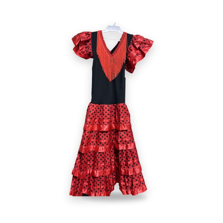 Traje de flamenco de menina vermelho e preto com bolinhas e franjas