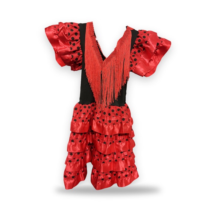 Costume da flamenco per bambina rosso e nero a pois con frange