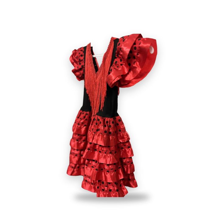 Déguisement de flamenca pour fille rouge et noir avec pois et franges