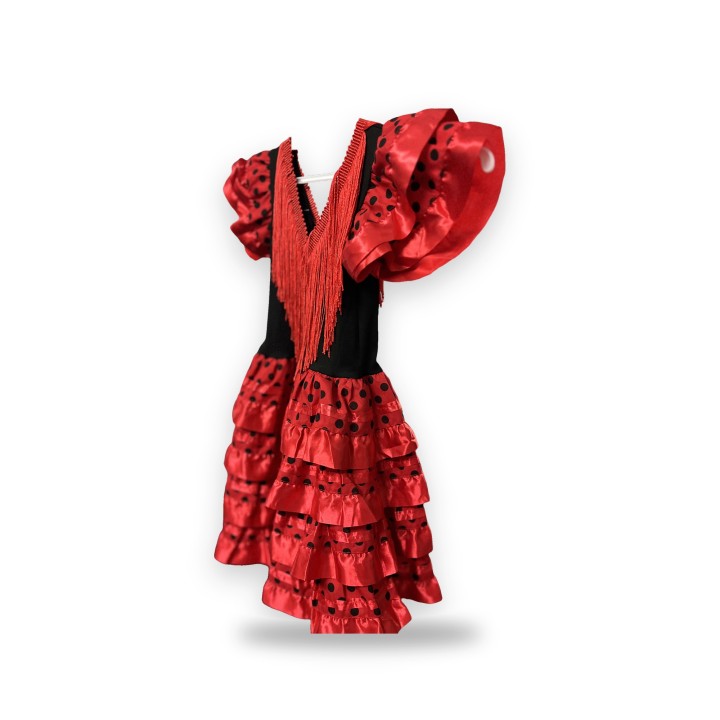 Girls' red and black flamenco costume with polka dots and fringe