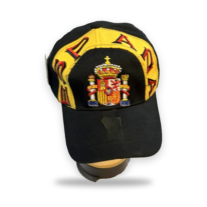 Black Spain cap with embroidered crest and yellow lettering