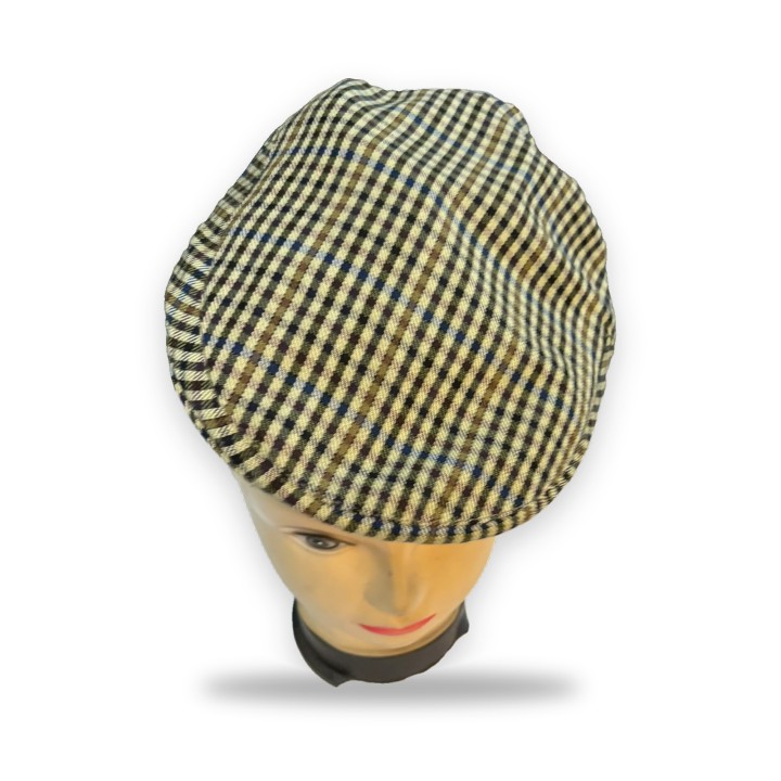Beige and black checked lightweight flat cap