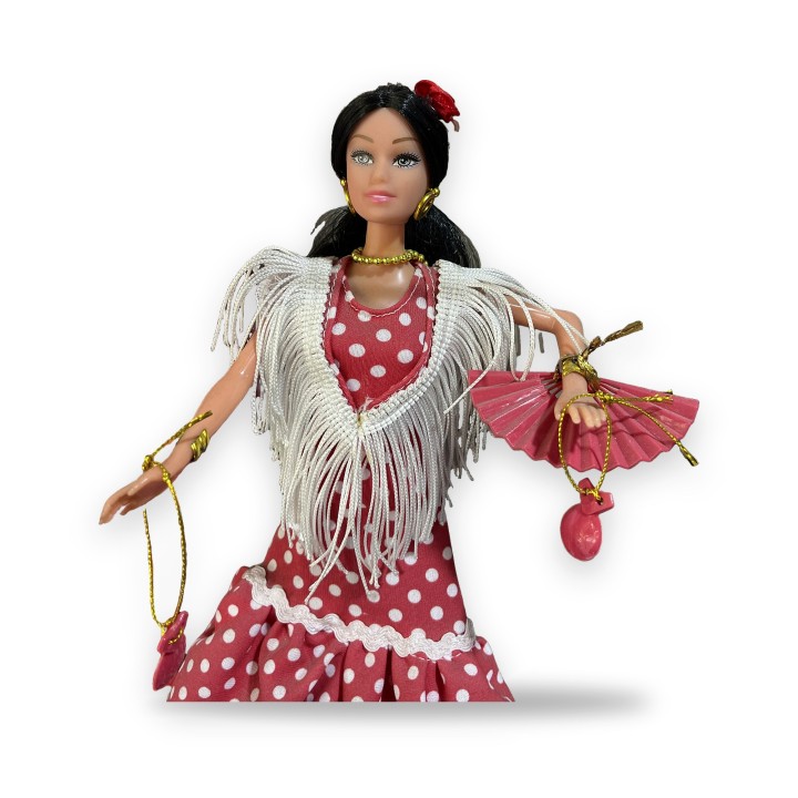 Flamencopuppe im roten Kleid mit weißen Tupfen, Schultertuch und Fächer