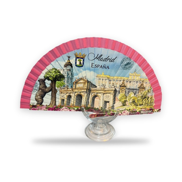 Éventail en bois fuchsia avec monuments de Madrid illustrés