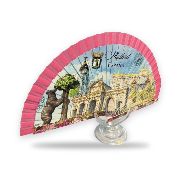 Éventail en bois fuchsia avec monuments de Madrid illustrés