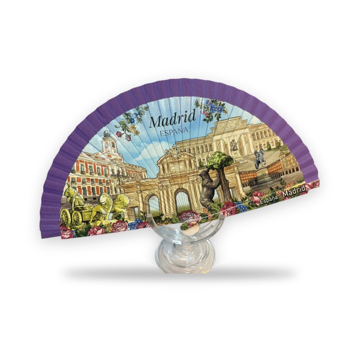Ventaglio in legno viola con i monumenti di Madrid illustrati