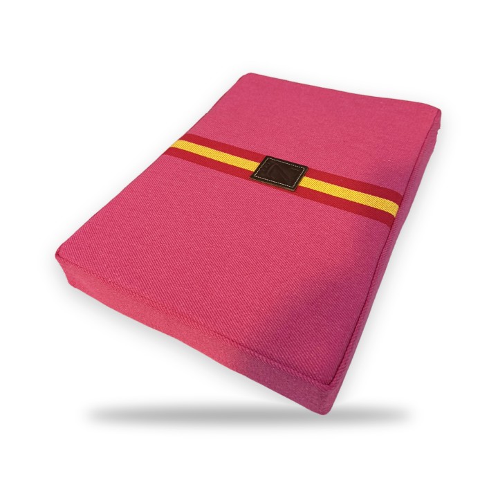 Fuchsia bullring cushion with a Spanish flag stripe