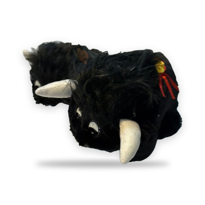 Two black plush bulls with red capes