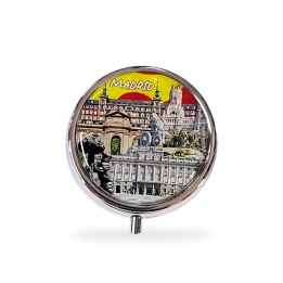 Caixa de comprimidos com monumentos de Madrid, modelo redondo pôr do sol