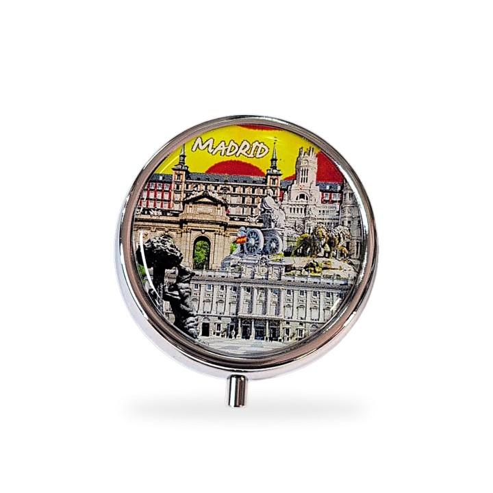 Portapillole con i monumenti di Madrid, modello rotondo tramonto