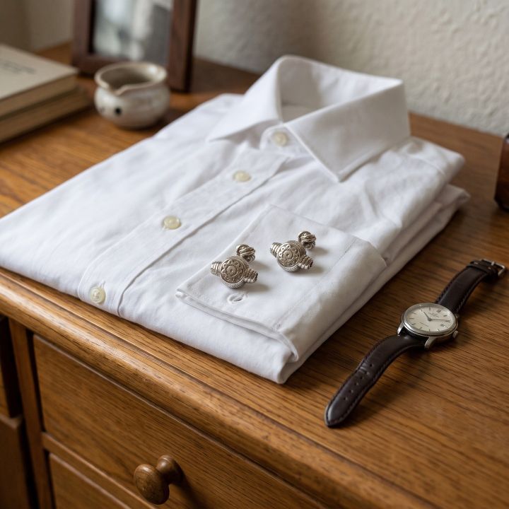 Boutons de manchette taurins en argent en forme de montera sur une chemise blanche