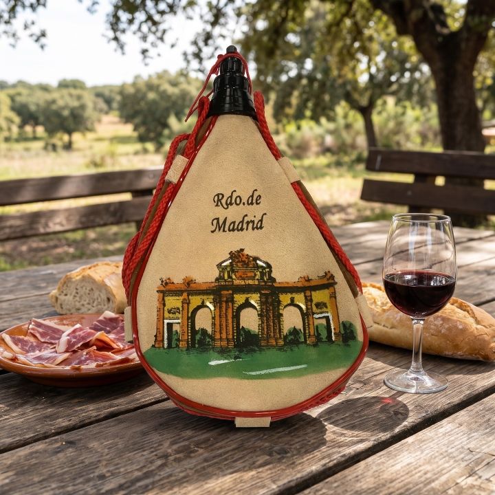Madrid souvenir wineskin, Puerta de Alcalá design, with ham and a glass of wine