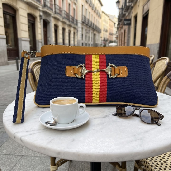 Cartera de mano con bandera de España y estribo, color azul, en una terraza de Madrid
