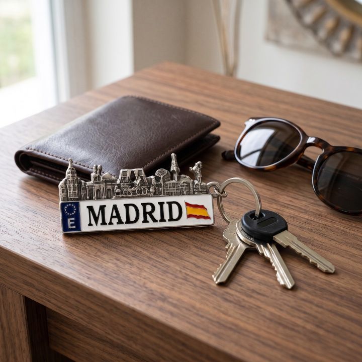 Madrid metal keyring with keys, wallet and sunglasses on a hall table