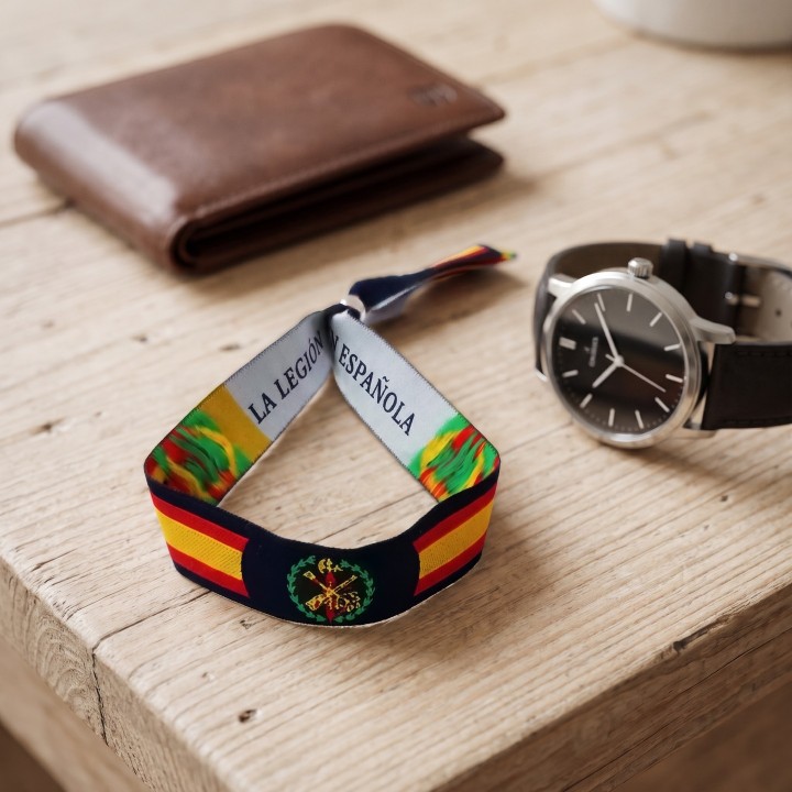 Pulsera de tela de la Legión Española sobre una mesa con reloj y cartera