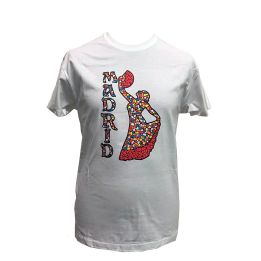 Camiseta blanca de adulto con bailaora flamenca y la palabra Madrid en mosaico de colores