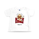 T-shirt blanc pour enfant avec un taureau en colère derrière une barrière rouge et le mot Madrid