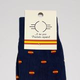 Close-up of the label and pattern of the navy Spanish flag socks