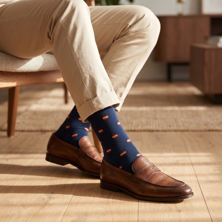 Man wearing navy Spanish flag socks with leather loafers