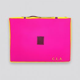 Personalised pink and yellow Capote bullring cushion with embroidered initials, front view