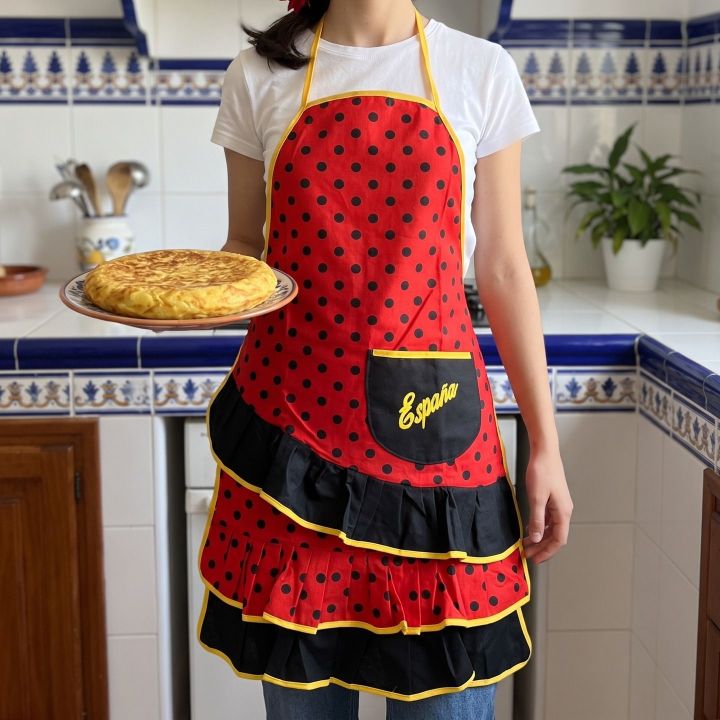 Chica en una cocina andaluza con el delantal de flamenca rojo de lunares y un plato de tortilla de patatas