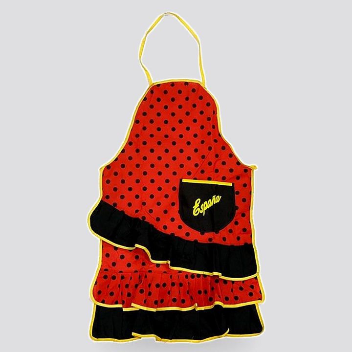 Delantal de flamenca de España rojo con lunares negros, volantes y bolsillo bordado, sobre fondo gris