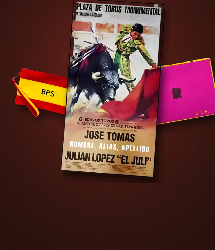 Cartel de toros con tu nombre, almohadilla y cartera con iniciales